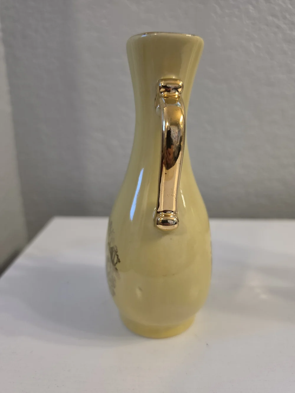 Vintage MCM Yellow Decorative Porcelain Vase with Gold Handles